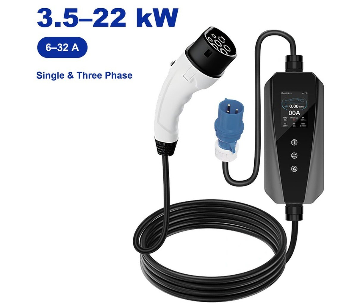 KM2-01 Portable EV Charger, 3.5–22 kW with configurable plugs and connectors