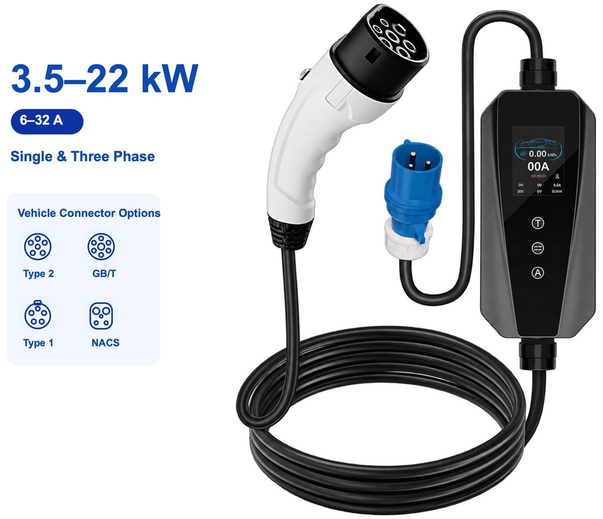 KM2-01 Portable EV Charger, 3.5ā22 kW, 6ā32 A