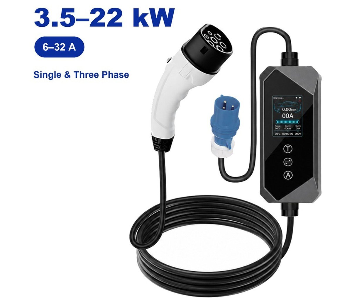 KM2-03 Portable EV Charger, 3.5–22 kW, 6–32 A, single and three phase