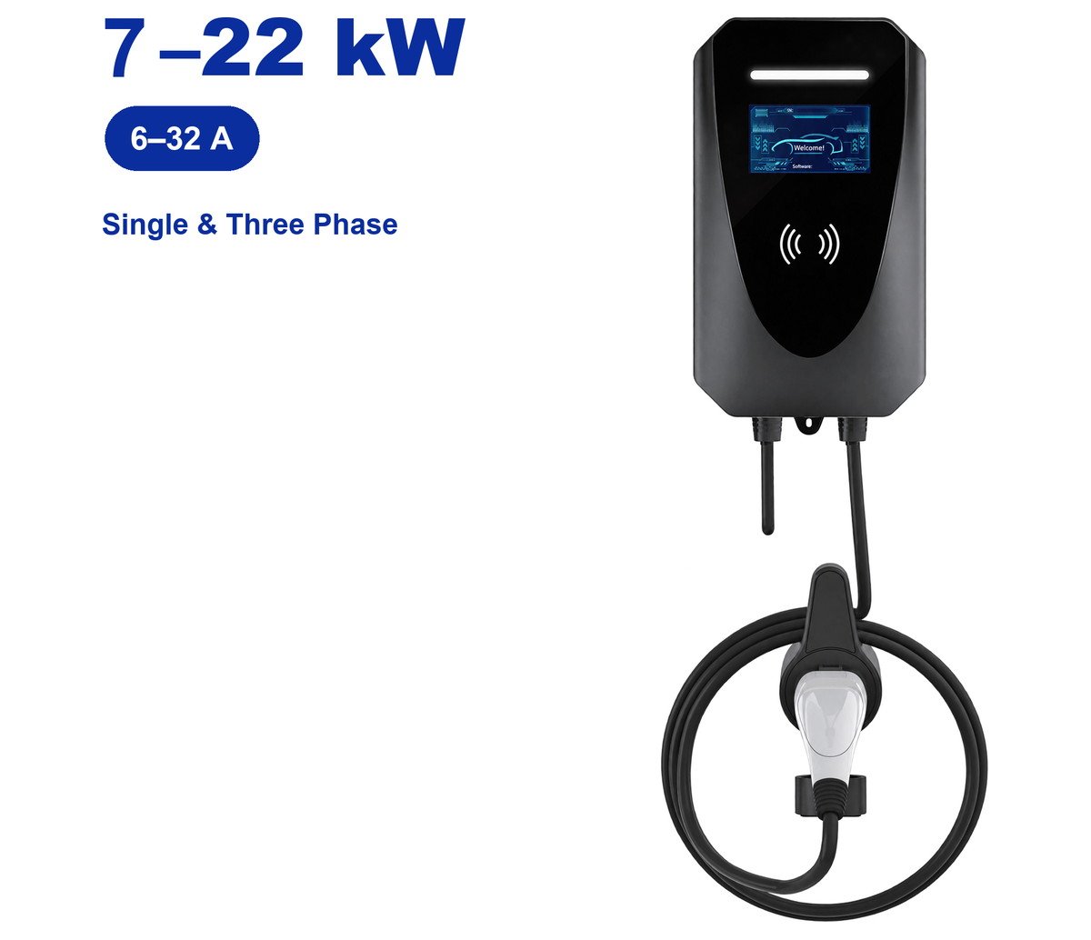 KM3-01 Wall-Mounted EV Charger, 7–22 kW, 6–32 A, single and three phase
