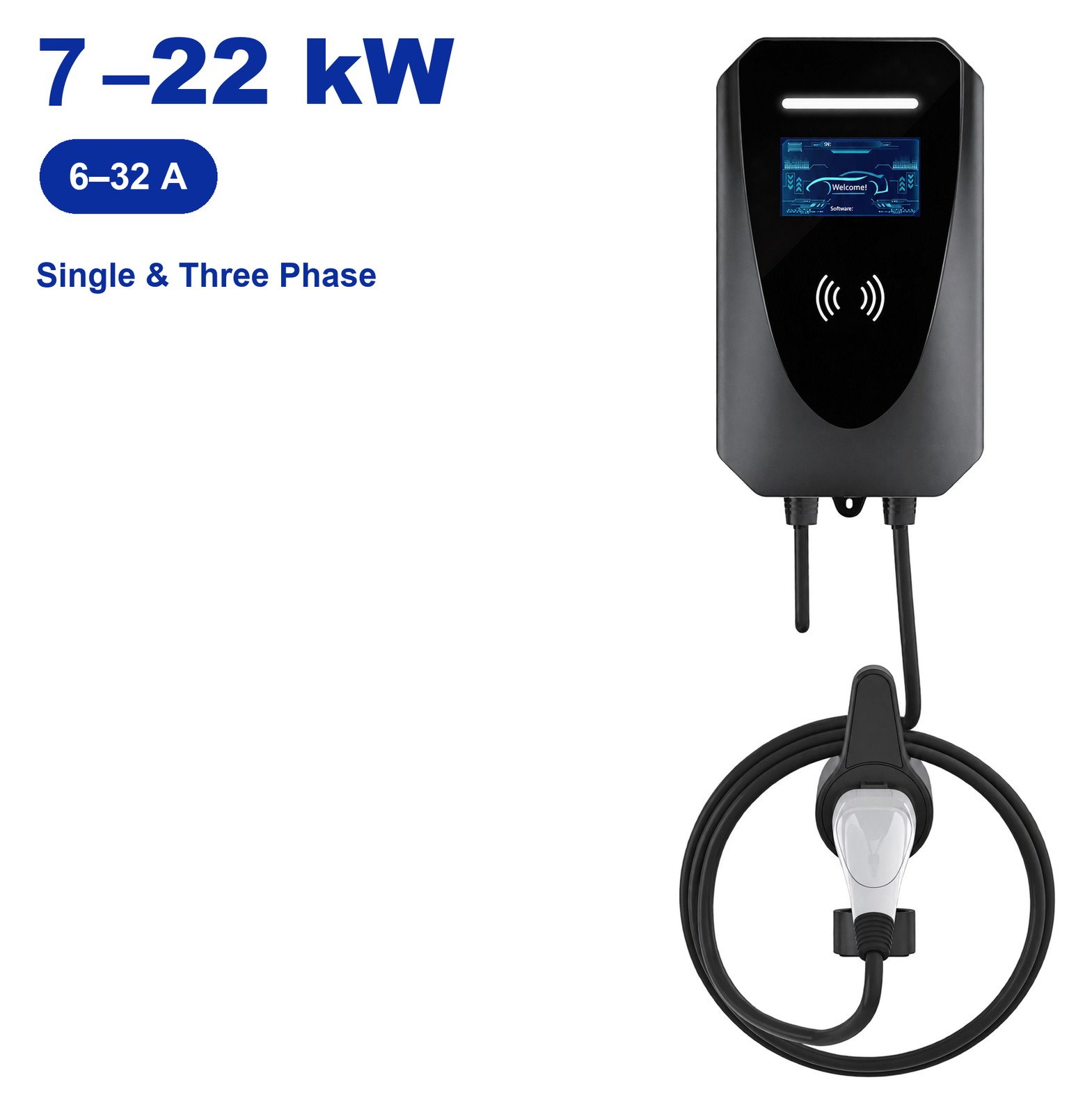 KM3-01 wall-mounted EV charger, 7-22 kW, with 4.3-inch display and charging cable