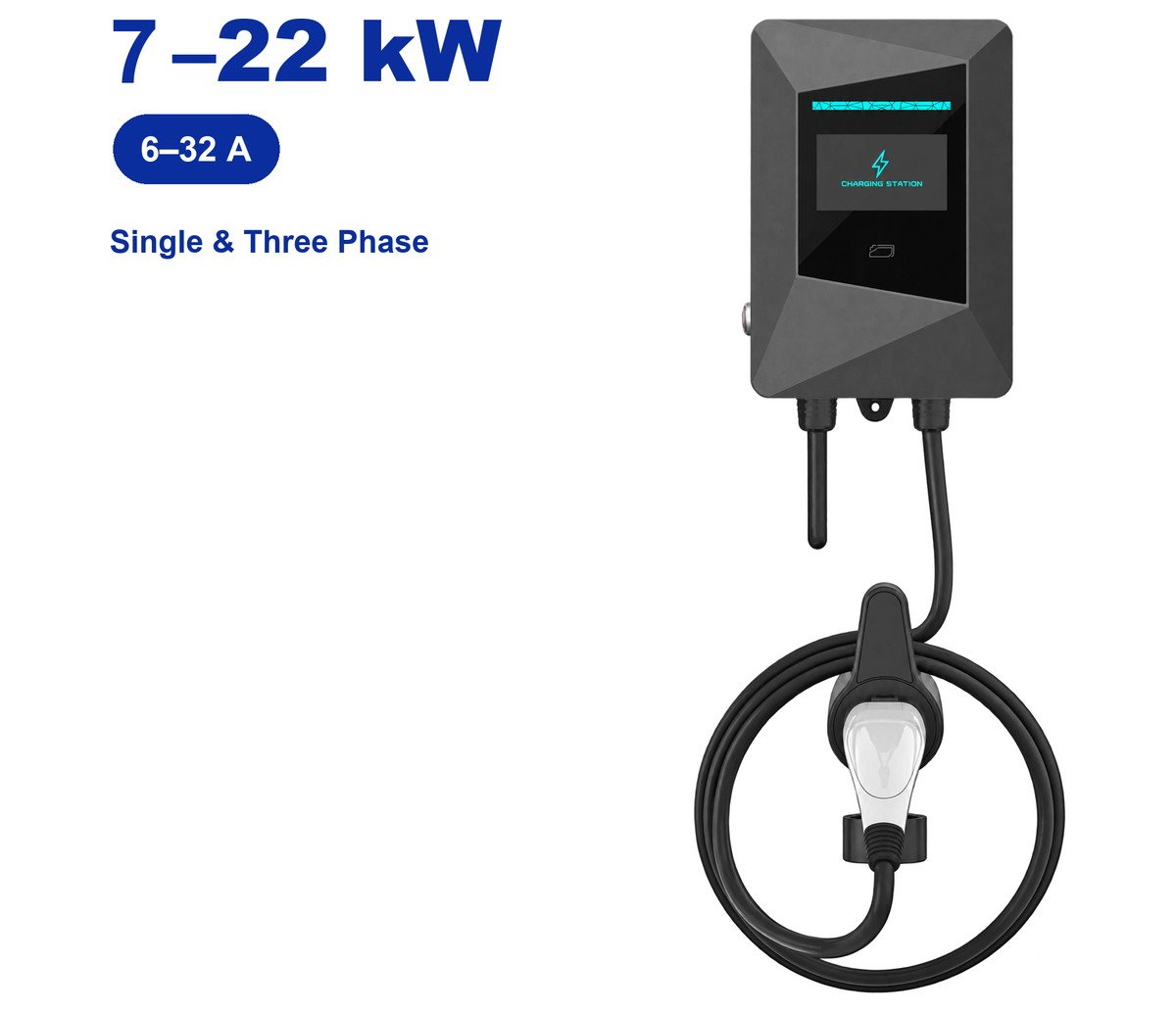 KM3-02 Wall-Mounted EV Charger, 7–22 kW, 6–32 A, single and three phase