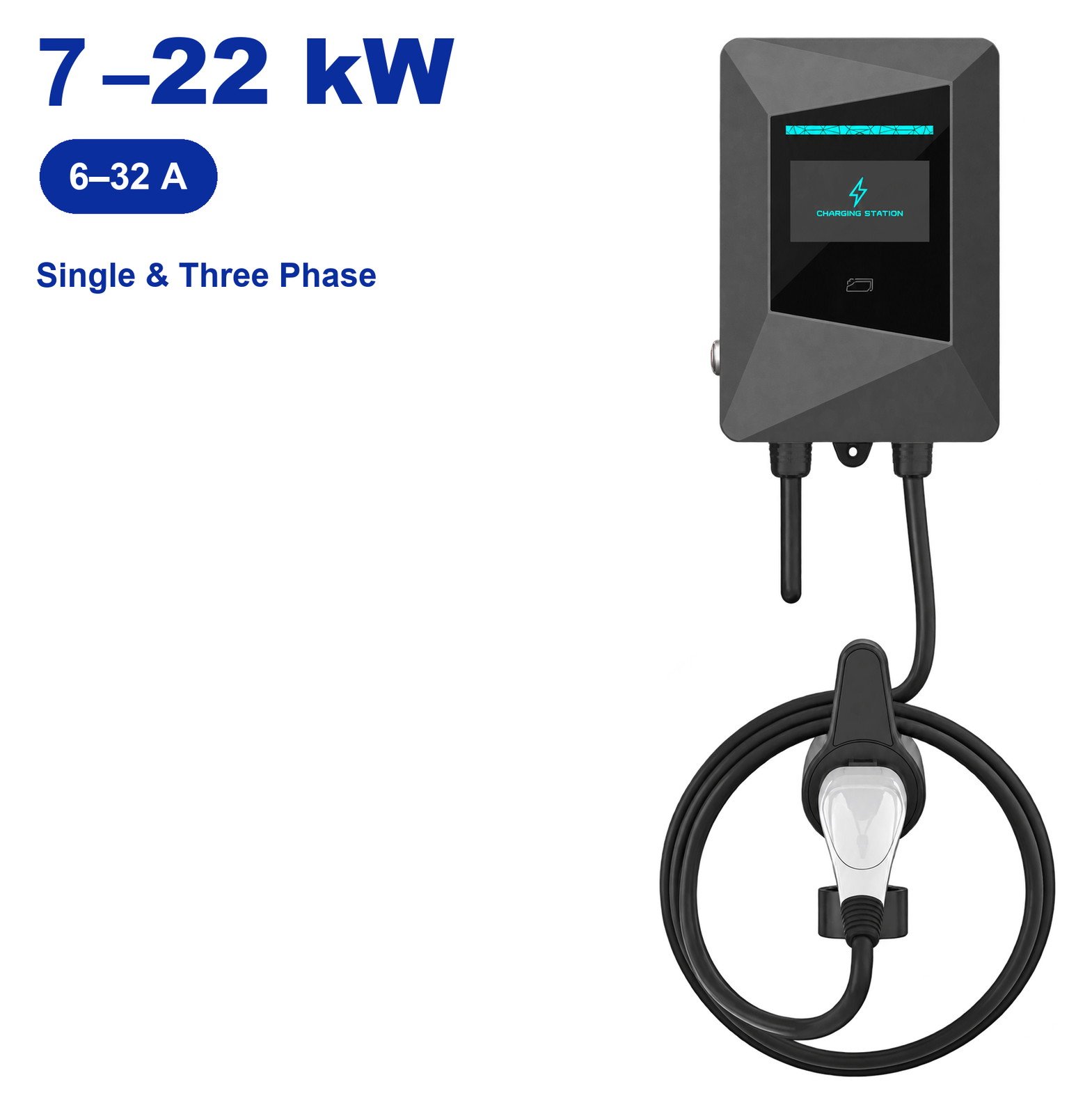 KM3-02 Wall-Mounted EV Charger with 4.3-inch LCD display and charging cable