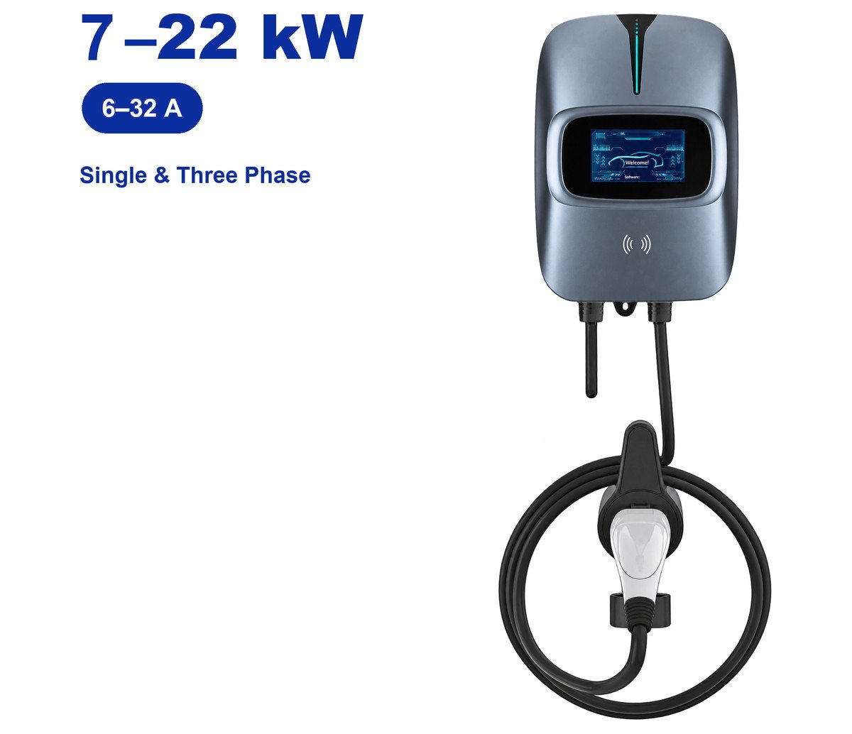 KM3-03 Wall-Mounted EV Charger, 7–22 kW, 6–32 A, single and three phase