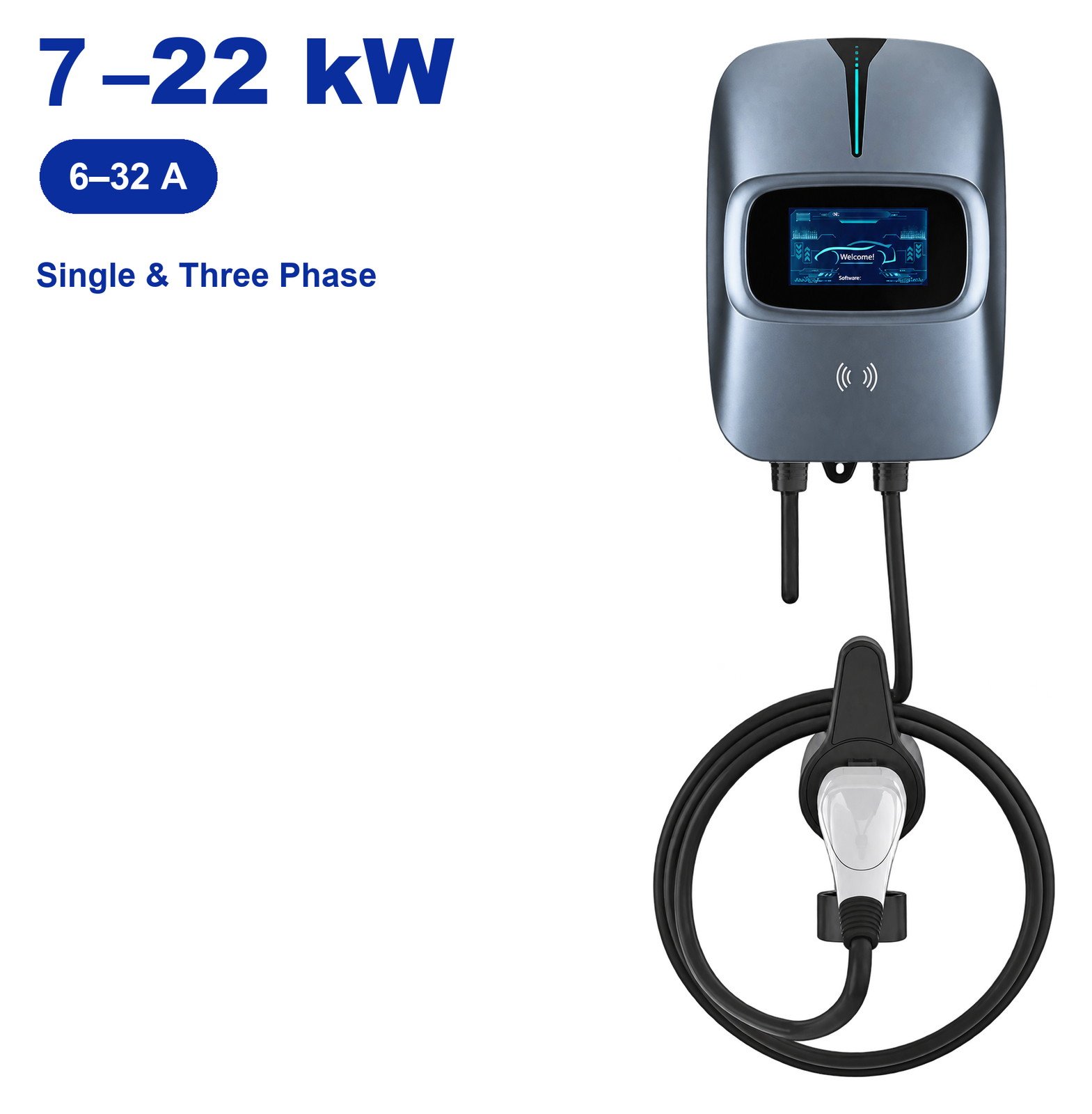KM3-03 Wall-Mounted EV Charger with 4.3-inch LCD display and charging cable